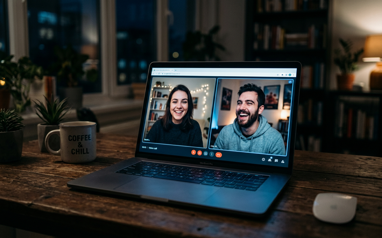 Laptop mit einem laufenden Videoanruf zwischen zwei Personen